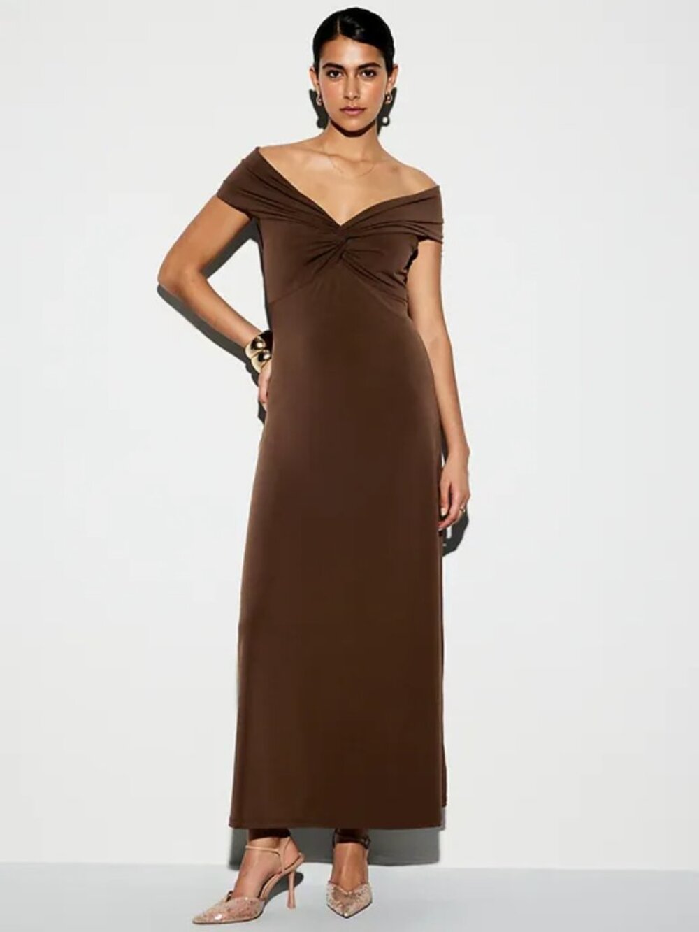 The Occasion by Old Navy Off-Shoulder Maxi Dress Brown M Petite & L Petite - NWT